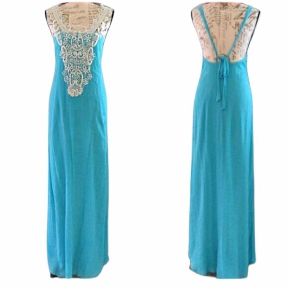Pink Blush Crochet Detail Aqua Sleeveless Maxi Dress - Picture 7 of 14